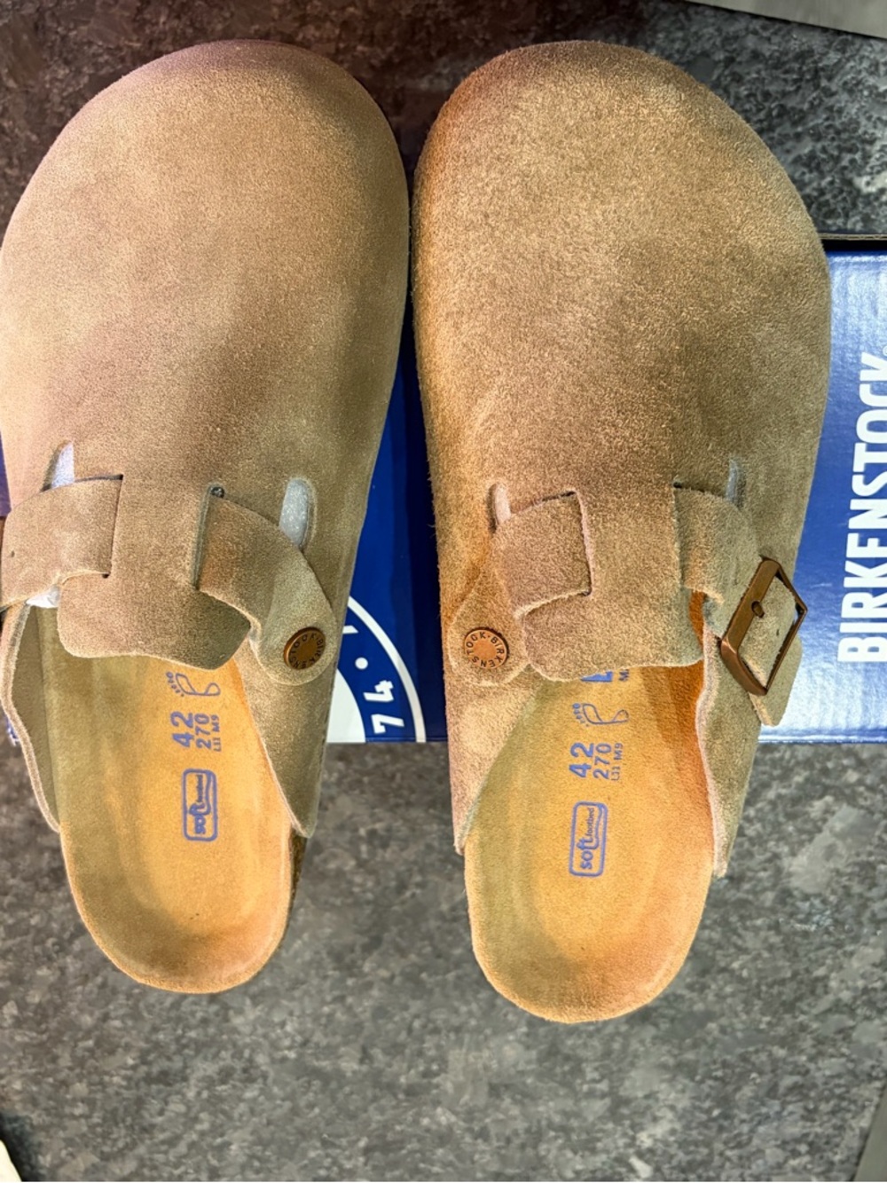 Birkenstock Suede Boston Clogs in Camel Brown
